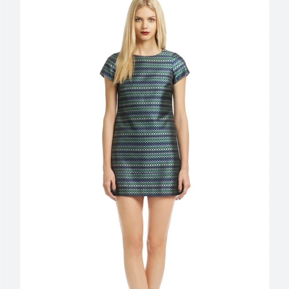 Shoshanna Take Notes Shift Dress Blue Green Patterned 
Short Sleeves